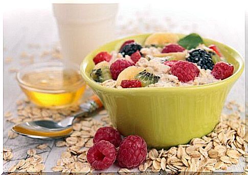 Breakfast with oatmeal and fruit