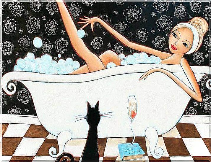 woman enjoying her time in the bathtub.